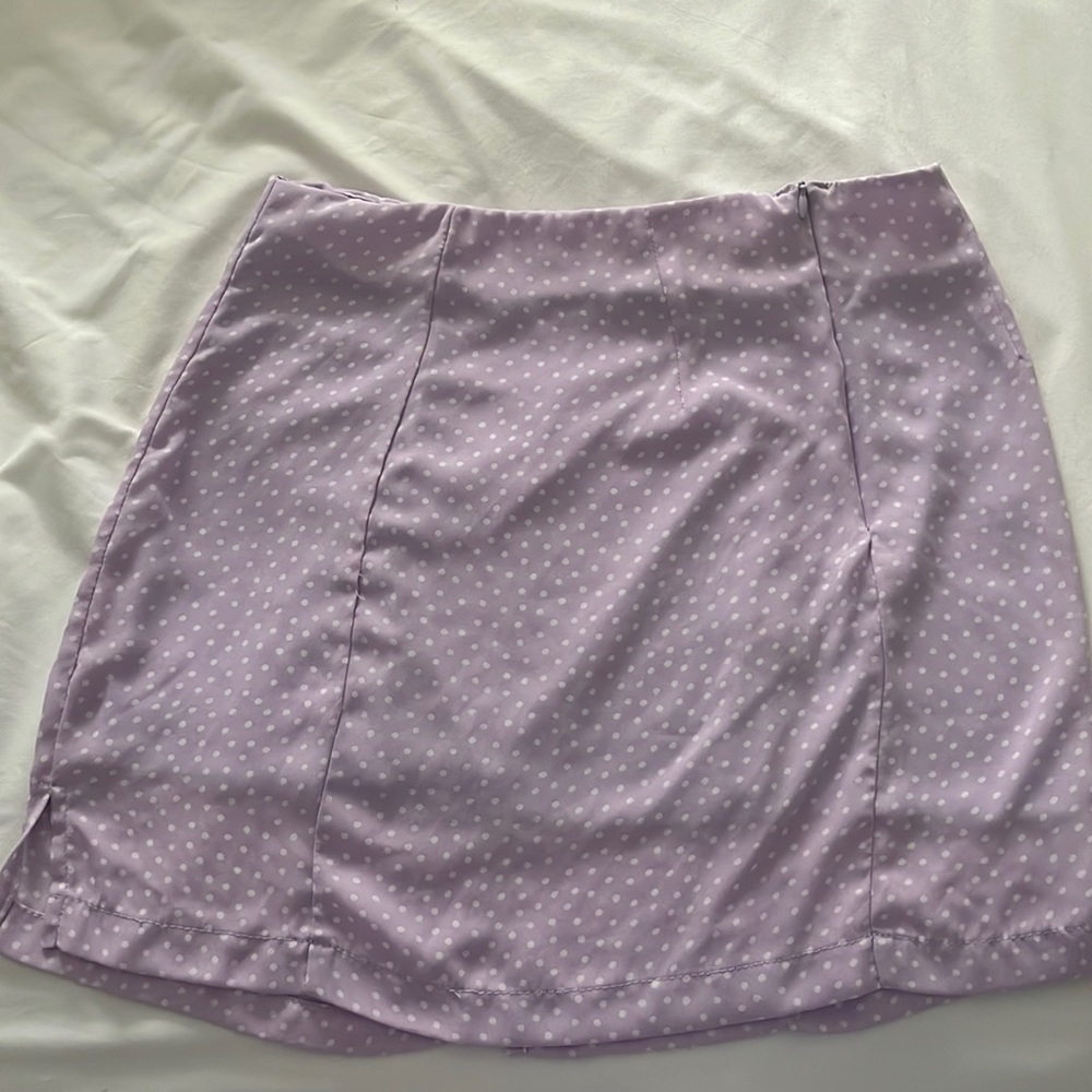 Purple and white polka dot mini skirt